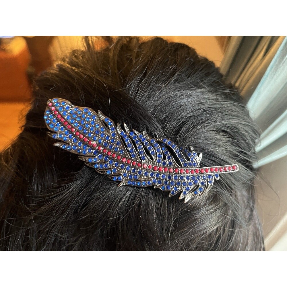 Large Feather Hair Clip Barrette Blue Rhinestones Red Accents Gunmetal Tone 4â